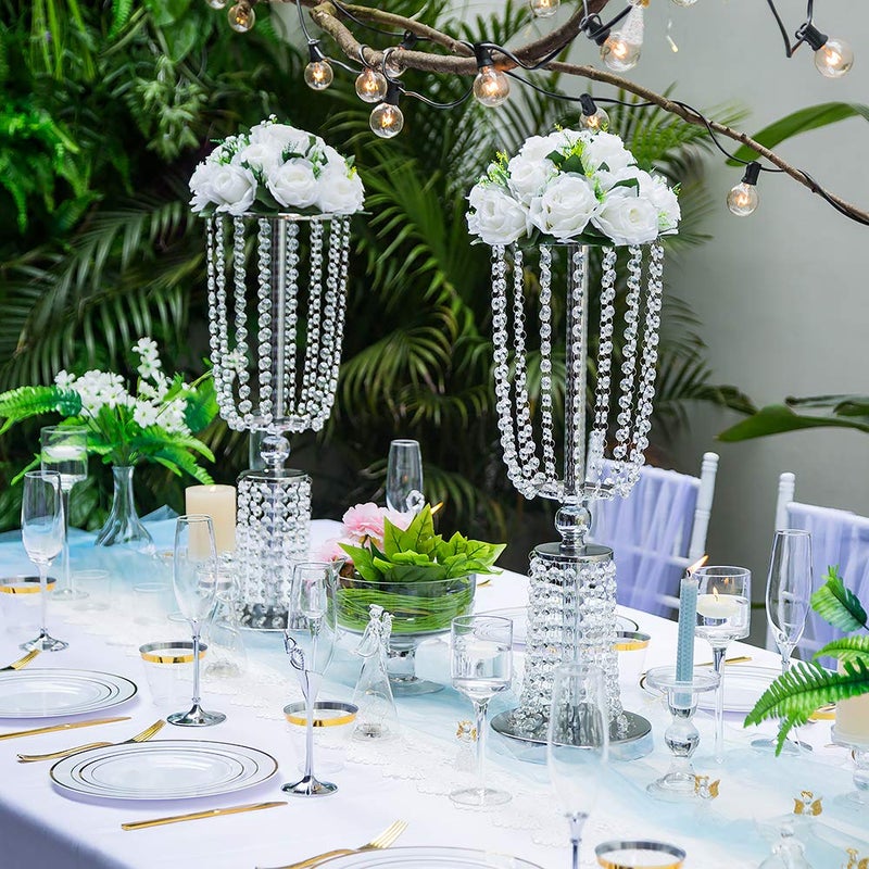 NUPTIO 2 Pcs 23.75 inches Tall Crystal Metal Vase Flower Stand Holders Wedding Centerpiece Chandelier for Reception Tables Wedding Supplies - Image 2